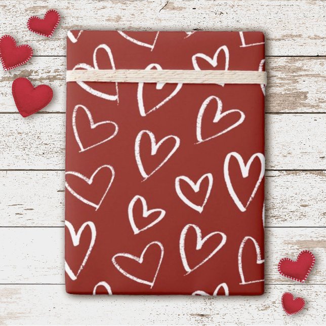 Cute Valentine Hearts Mönster Presentpapper (Cute white hearts on a red background decorate this Valentine's Day gift wrap.)