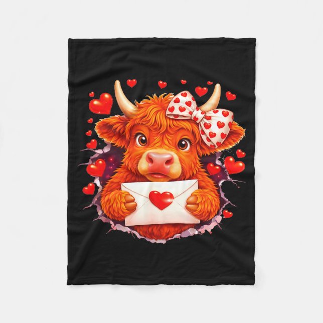 Cute Valentine Highland Cow With Heart Bow Western Fleecefilt (Framsidan)