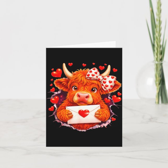 Cute Valentine Highland Cow With Heart Bow Western Kort (Framsida)