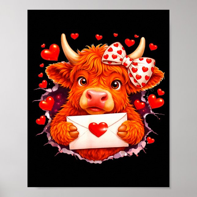 Cute Valentine Highland Cow With Heart Bow Western Poster (Framsidan)