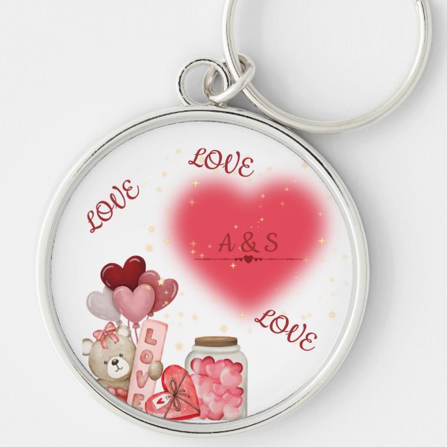 Cute Valentine Keychain Rund Silverfärgad Nyckelring (Framsidan)