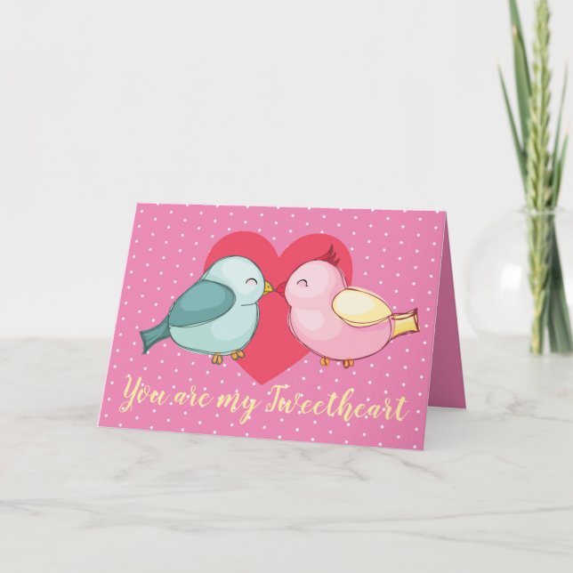 Cute Valentine Love birds med rött hjärta Helgkort (Framsida)
