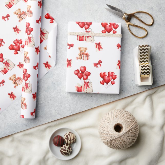 Cute Valentine Teddy med Hjärtformade ballonger Presentpapper (Hantverk)