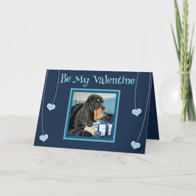 Cute Valentine w/Basset Hound & Hearearts in Blue Kort (Framsida)