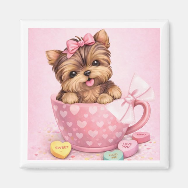 Cute Valentine Yorkie in Pink Teacup Magnet (Framsidan)