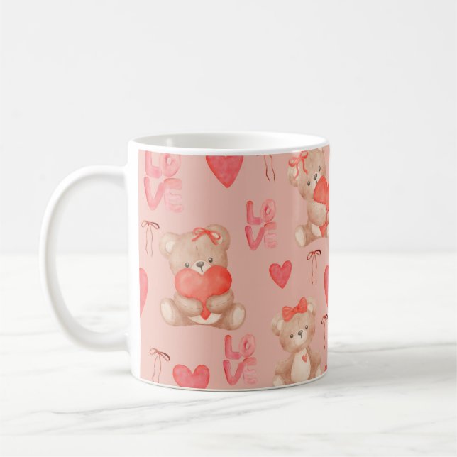 Cute Valentines Brown Teddy Bear Seamless Pattern Kaffemugg (Vänster)