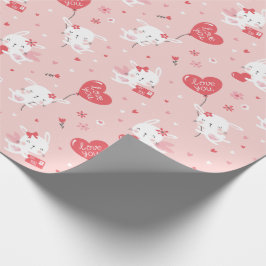 Cute Valentines bunnies med ballonger rosa Presentpapper