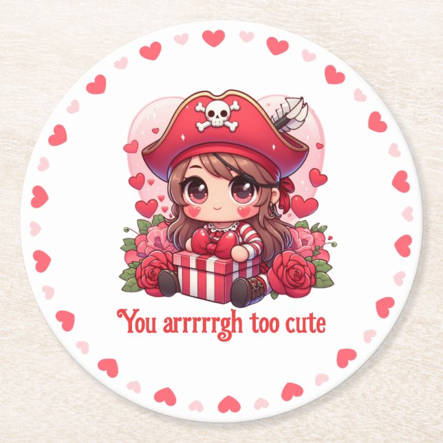 Cute Valentines dag pirat Underlägg Papper Rund (Framsidan)