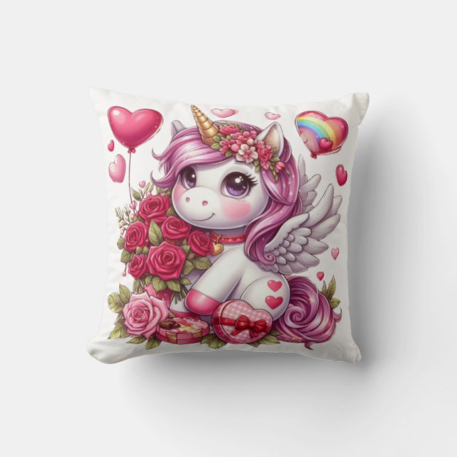 Cute Valentines dag Unicorn Kudde (Framsida)