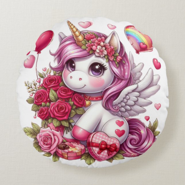 Cute Valentines dag Unicorn Rund Kudde (Framsidan)