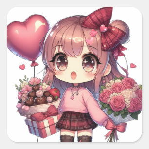 Cute Valentine's day anime girl Fyrkantigt Klistermärke