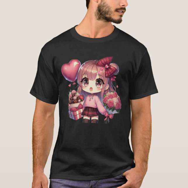 Cute Valentine's day anime girl T Shirt (Framsida)