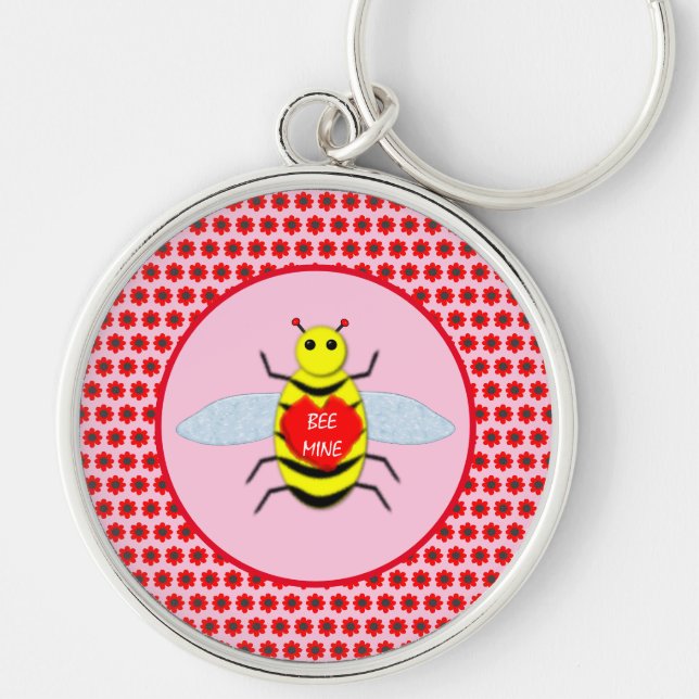 Cute Valentines day Bee Rund Silverfärgad Nyckelring (Framsidan)
