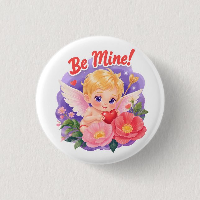 Cute Valentine's Day Cupid with "Be Mine" Knapp (Framsida)