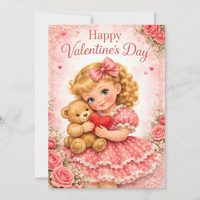  Cute Valentine's Day Girl with Teddy Bear Inbjudningar (Framsida)
