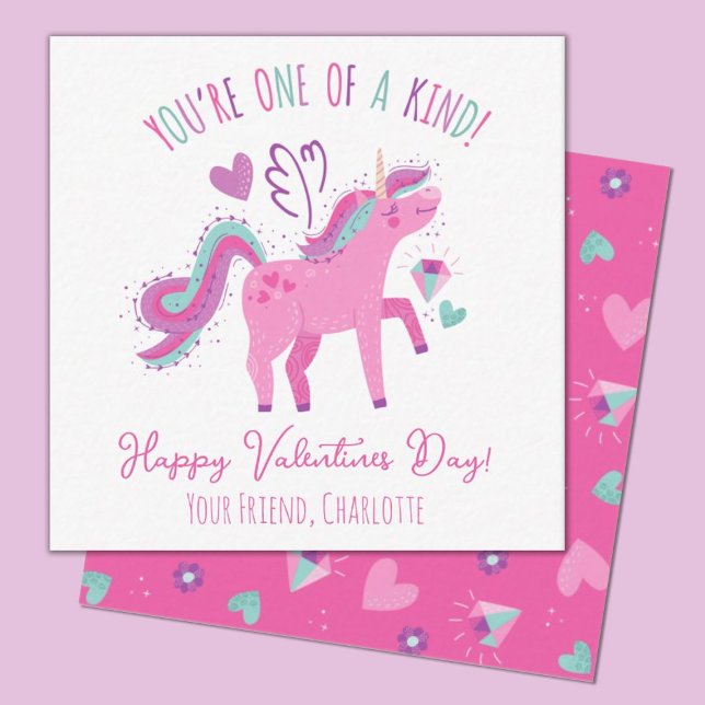 Cute Valentines day Kids Classroom Unicorn Anteckningskort (A cute pink unicorn valentines day mini 2.5x2.5 card. Perfect for a kids classroom exchange.)