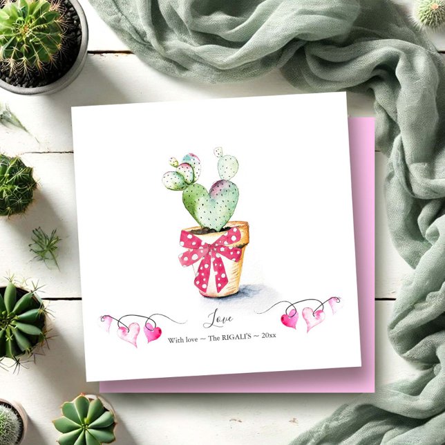 Cute Valentines day-kort Heart Cactus Anteckningskort (Valentines day cards heart shaped watercolor cactus art by Victoria Grigaliunas of Do Tell A Belle)