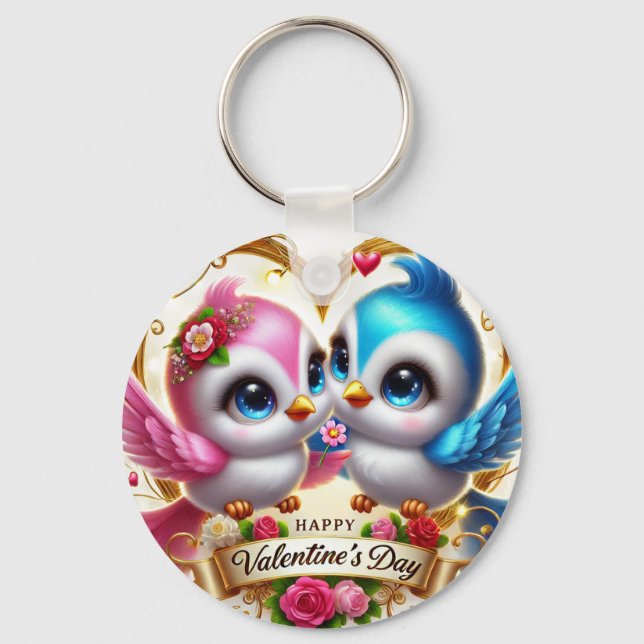 Cute Valentines Day Lovebird Keychain Nyckelring (Framsida)