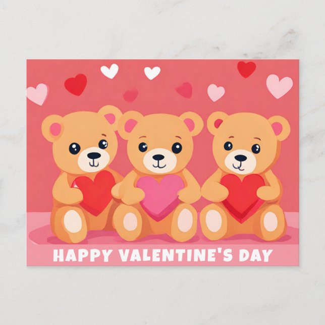 Cute Valentines day Nalle Heart Rosa Red Vykort (Framsida)