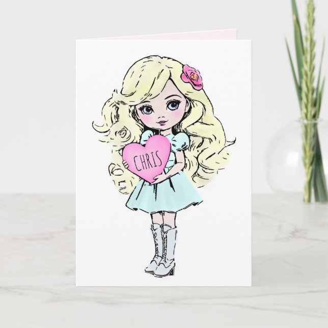 Cute Valentines Girl Holding Heart Kort (Framsida)