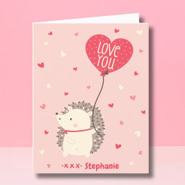 Cute Valentines hedgehog med ballongrosa Helgkort
