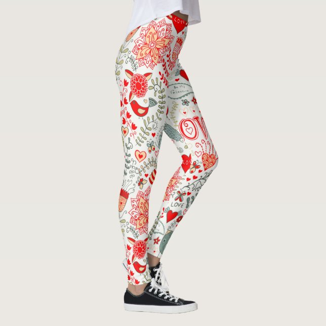 Cute Valentines Mönster, Text, Birds & Flowers Leggings (Höger)
