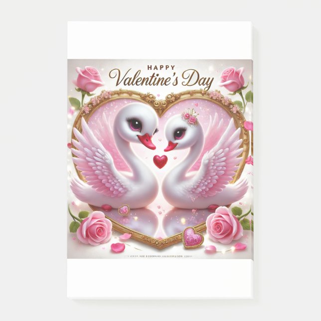 Cute Valentines Rosa Svan Post-it Notes Block (Framsida)