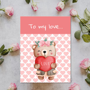 Cute Valentine's teddy bear sending love heart Vykort