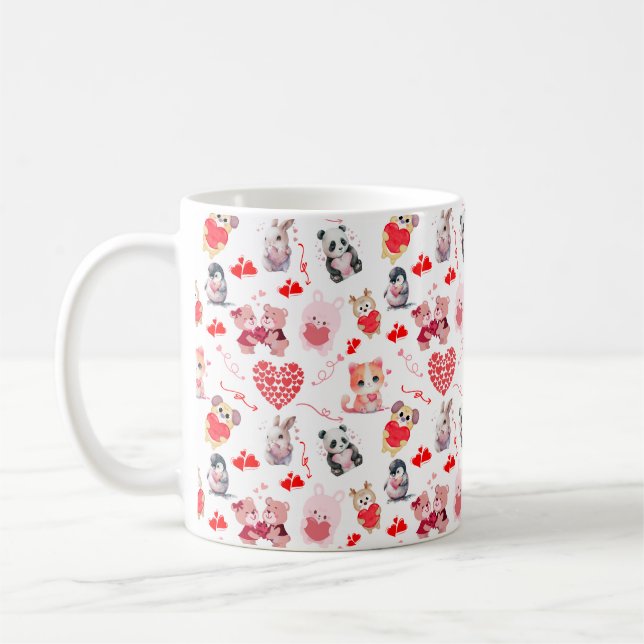 Cute Valentiness Animals Rosa Snyggt Mönster Kaffemugg (Vänster)