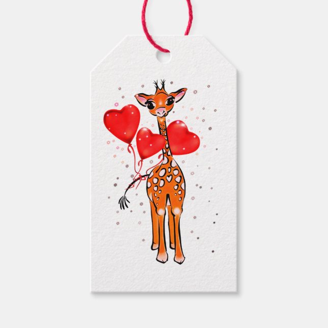 Cute valentingiraffe med hjärtballonger presentetikett (Framsidan)