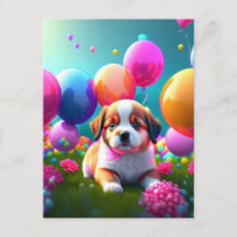 Cute-valp med ballonger - födelsedag