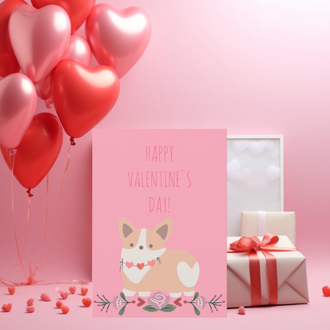 Cute-valpar med Valentineser för rosa av hjärthals Julkort (Cute Corgi Pink Valentines Holiday Card)