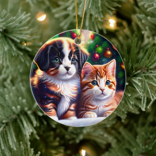 Cute-valpar och katt under Julgran Julgransprydnad Keramik (Träd)