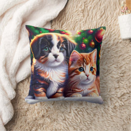 Cute-valpar och katt under Julgran Kudde