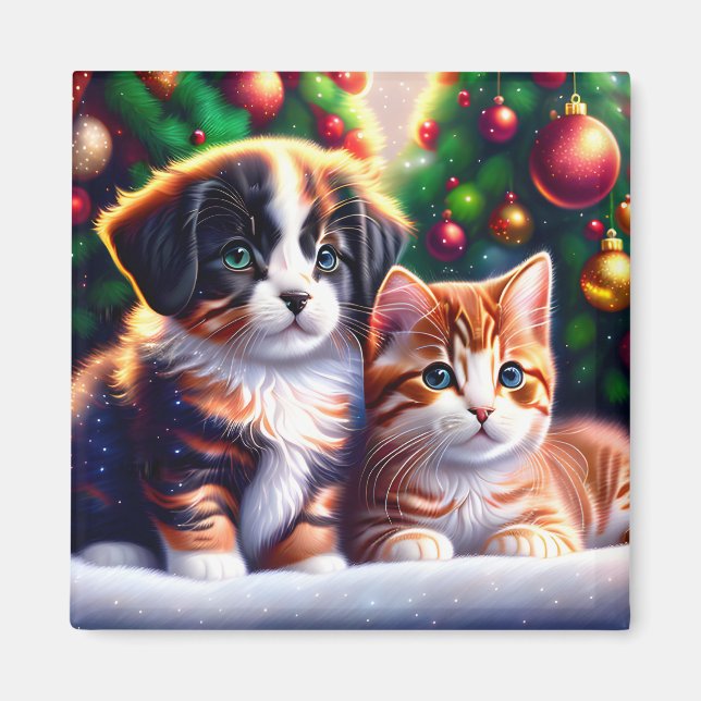 Cute-valpar och katt under Julgran Magnet (Framsidan)
