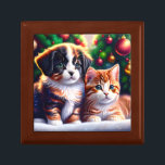 Cute-valpar och katt under Julgran Minnesask<br><div class="desc">Den här Gift-boxen var designad till jul. Utformningen visar en söt valp och kattunge under Julgran i vintage stil. En vacker gåva till din familj och dina vänner. Designad av AIbyMarion</div>