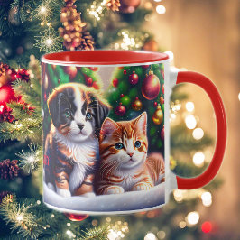 Cute-valpar och katt under Julgran Mugg