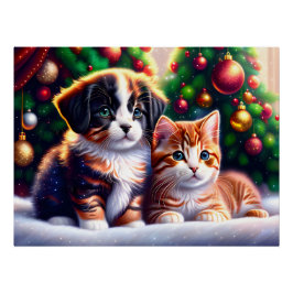 Cute-valpar och katt under Julgran Perfect Poster