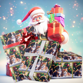 Cute-valpar och katt under Julgran Presentpapper