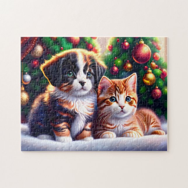 Cute-valpar och katt under Julgran Pussel (Horisontell)