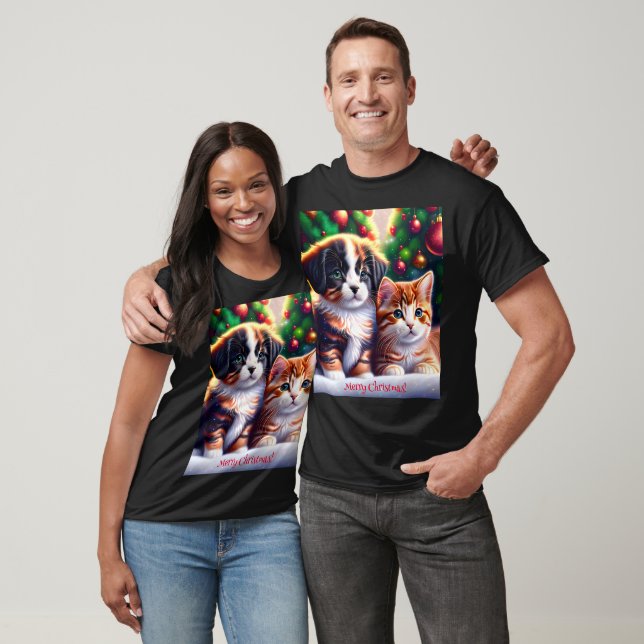 Cute-valpar och katt under Julgran T Shirt (Unisex)