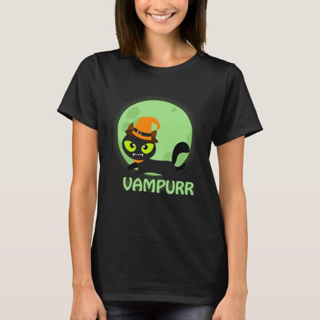 Cute Vampire Cat Halloween Vampurr T Shirt (Framsida)