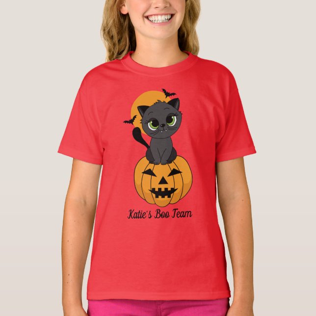 Cute Vampire Cat och Pumpkin Kids Halloween T Shirt (Framsida)