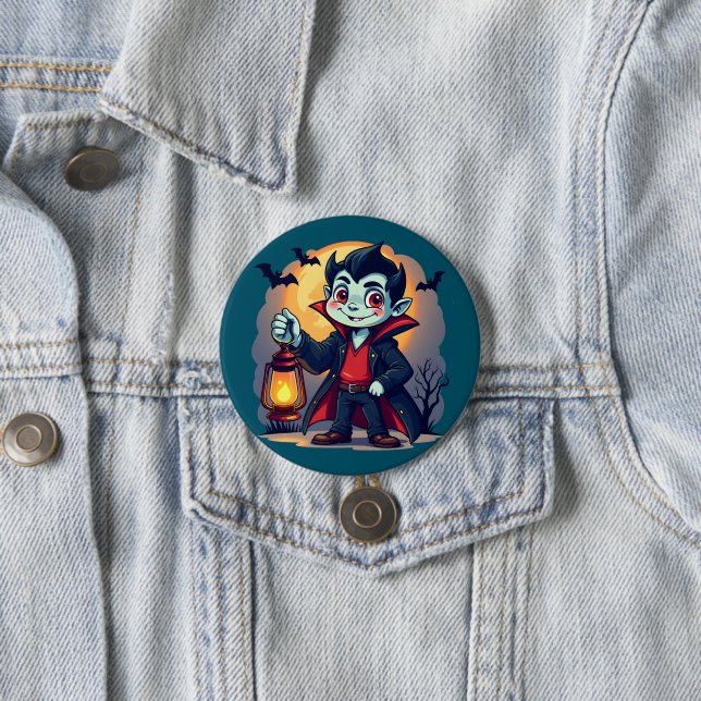 Cute Vampire med Lantern Kawaii Halloween Knapp (In Situ)