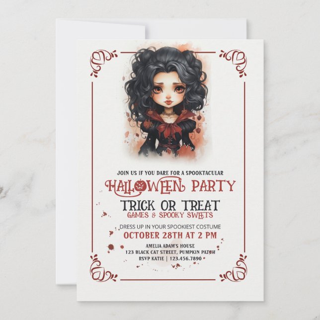 Cute vampre Gothic Girl Halloween Inbjudningar (Framsida)
