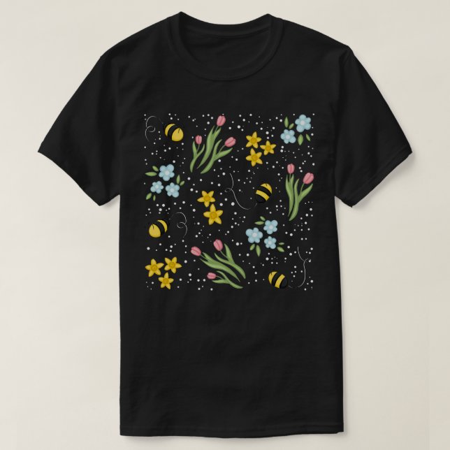 Cute Vår Bee Tulips och Daffodils Flower Patter T Shirt (Design framsida)