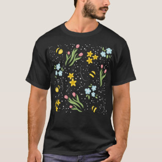 Cute Vår Bee Tulips och Daffodils Flower Patter T Shirt