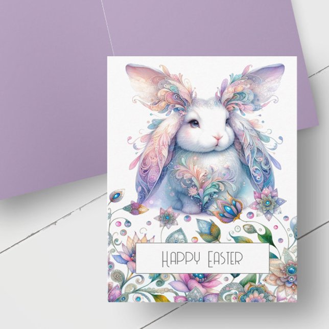 Cute Vår blommor Bunny Påsk Card Helgkort (Spring bunny birthday cards features unique rabbit and floral art in pastel shades of pink, purple )