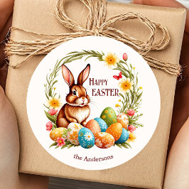 Cute Vår Bunny Blommigt Påskägg Sticker Runt Klistermärke