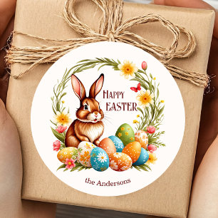 Cute Vår Bunny Blommigt Påskägg Sticker Runt Klistermärke